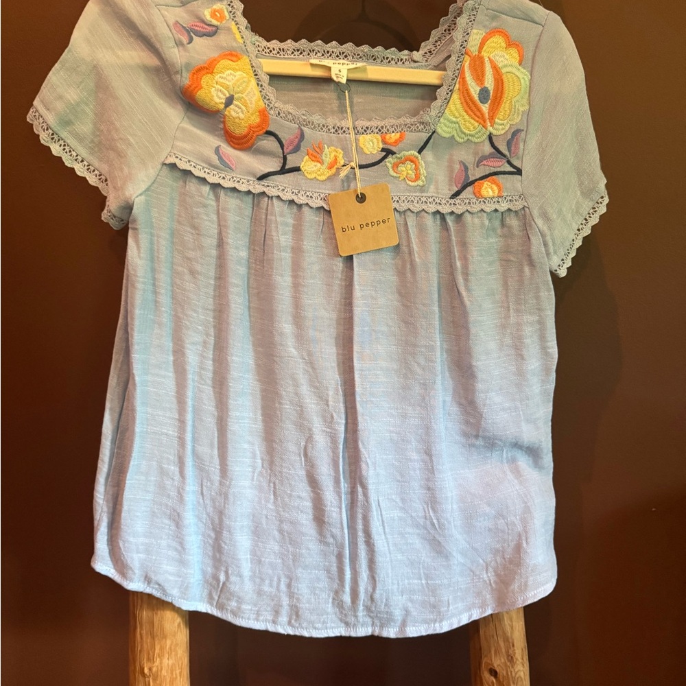Blue Embroidered Top with Floral Design NWT